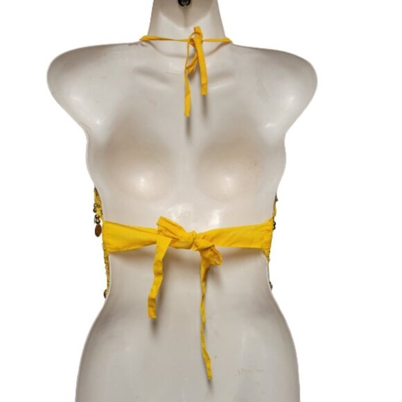Yellow Belly Dancing Top Crocheted with Gold Beads Coins Halter Crop Top - Picture 3 of 7
